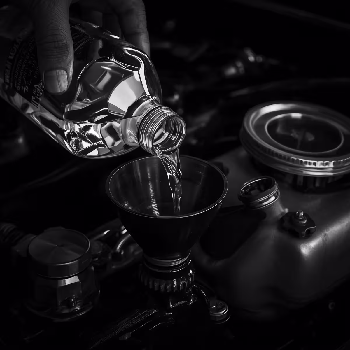 Coolant being refilled into a European engine using a funnel during the final step of a cooling system service.