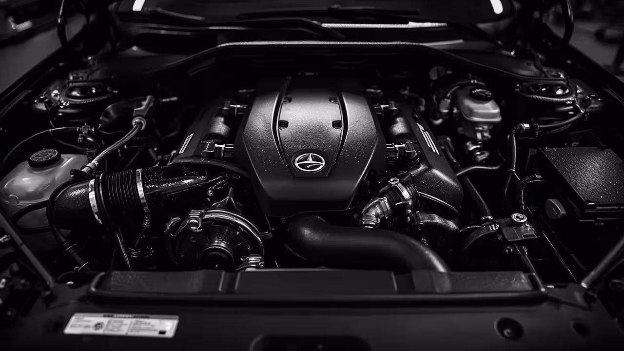Widescreen view of a clean European engine bay with cooling system components visible, high-performance layout and detailed engine architecture in a modern garage setting.