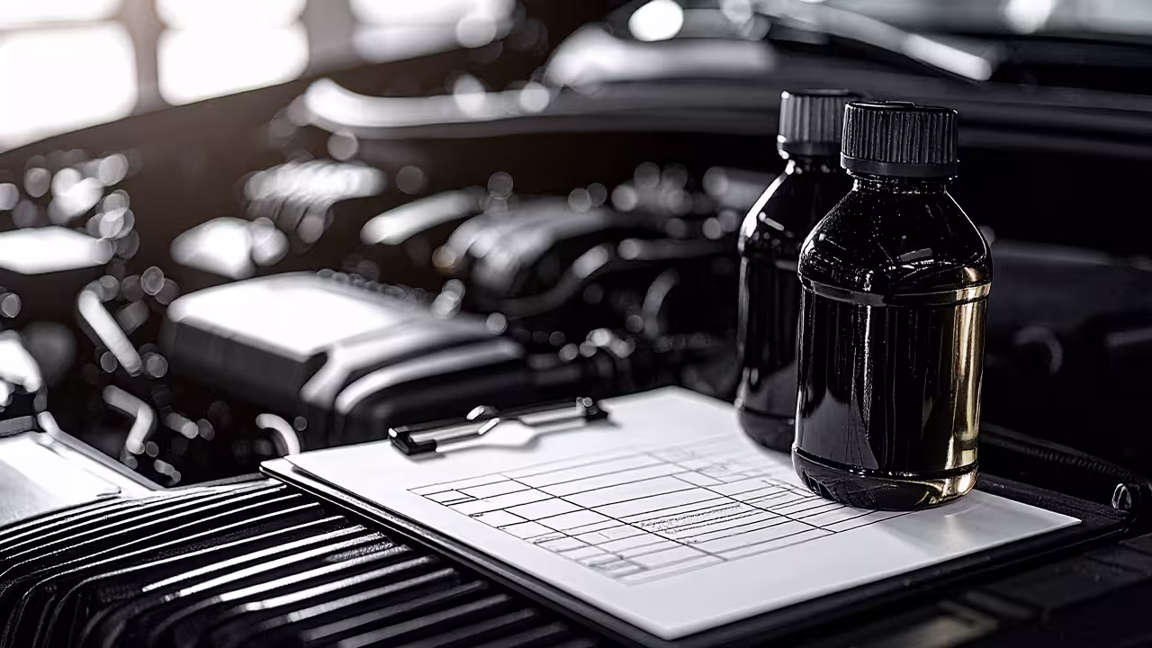 Close-up of two dark fluid bottles and a service checklist resting on an engine cover in a European vehicle, with the engine bay softly blurred in the background.