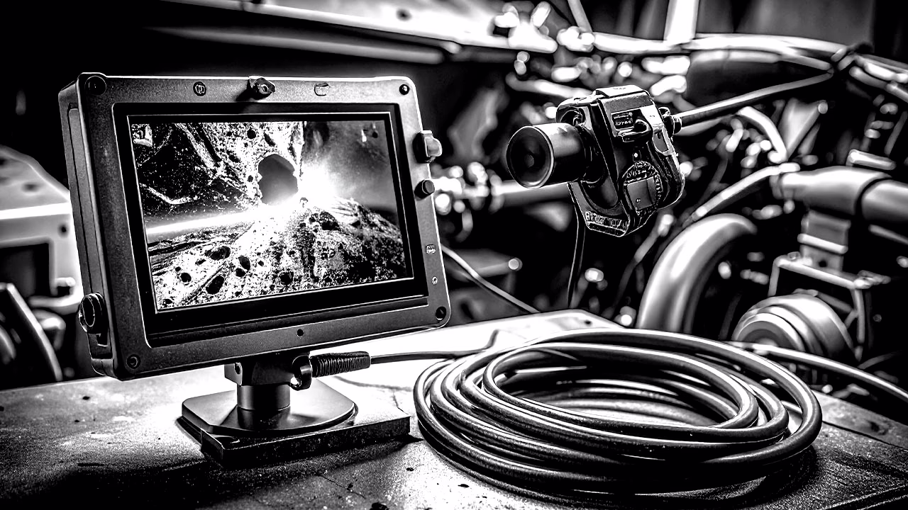 Close-up of a borescope inspection monitor showing the interior of a European engine cylinder. Coiled cable and inspection tool visible in a professional garage environment. Black and white image with sharp focus on equipment, no people present.