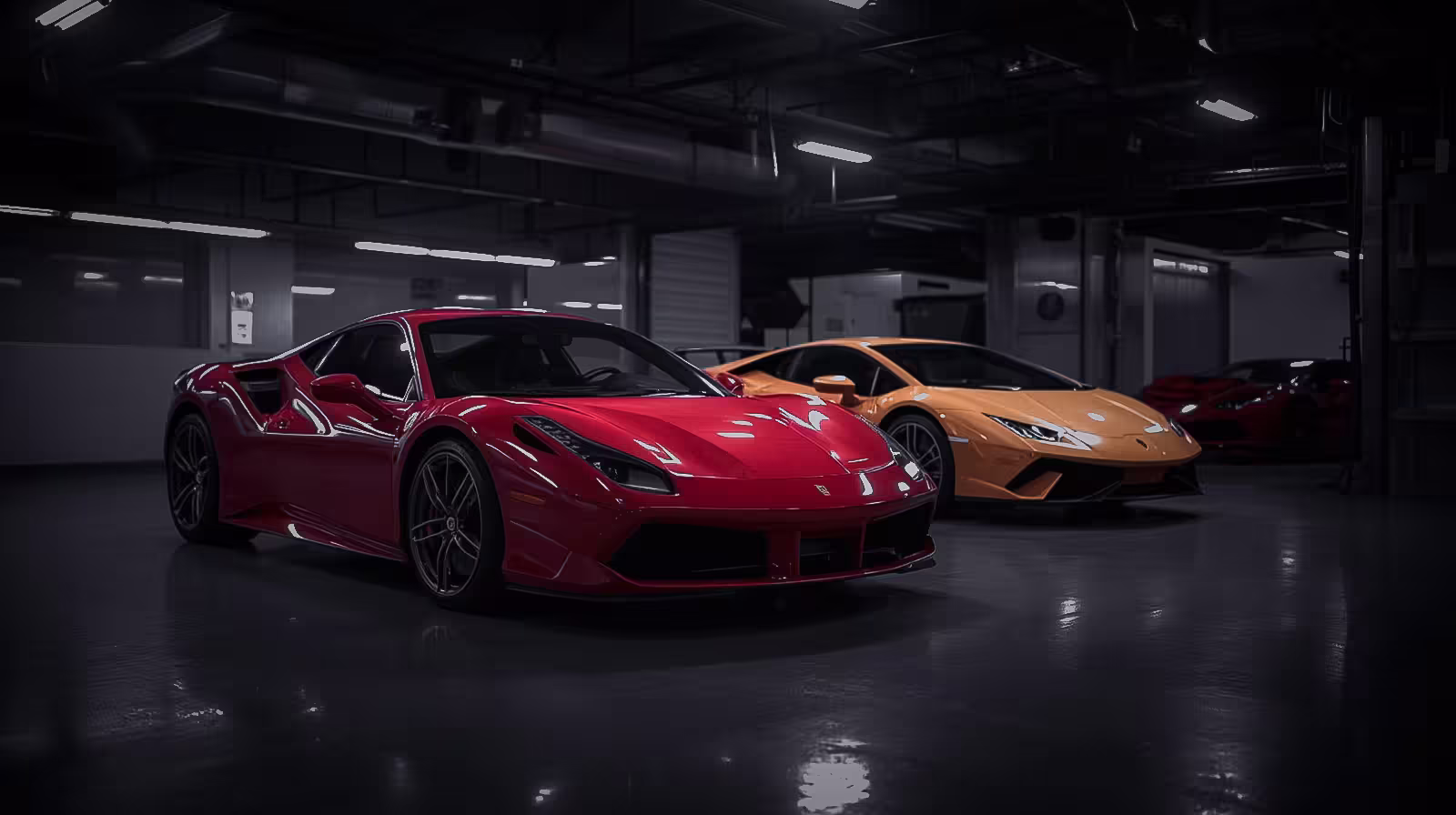 Red Ferrari and yellow Lamborghini parked in a clean indoor garage with overhead lighting, performance-focused atmosphere