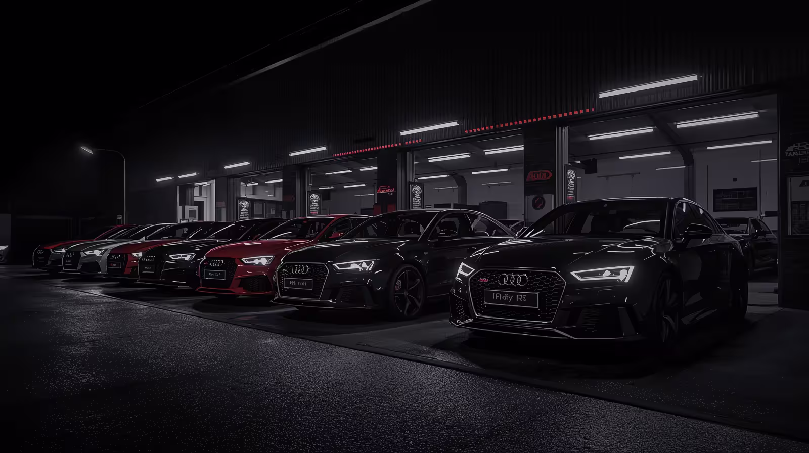 Audi con capó abierto bajo las luces de la tienda durante el servicio de diagnóstico avanzado en Cooper's Garage