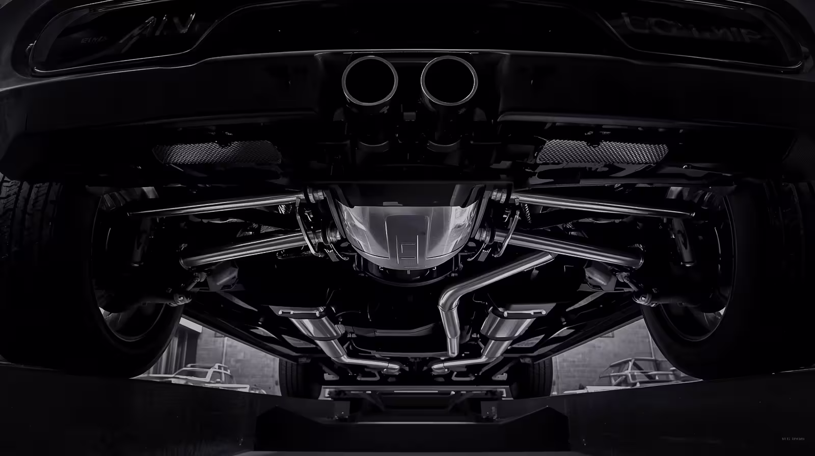 Undercarriage view of MINI Cooper on lift, showing compact suspension and clean exhaust routing