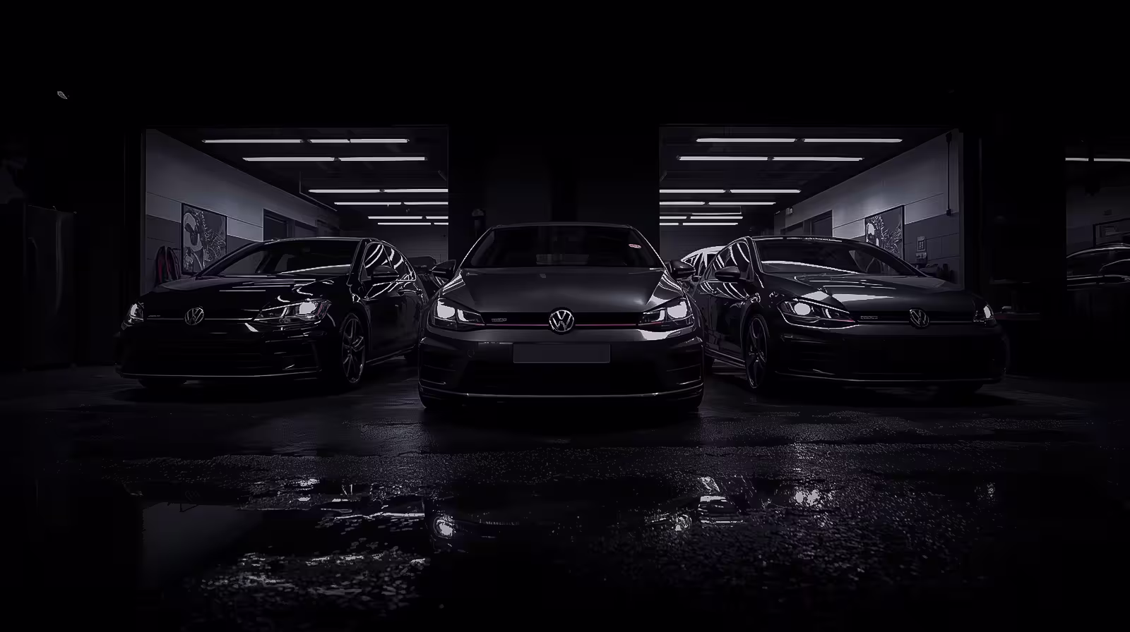 Volkswagen GTI and Golf R lineup parked in front of performance repair shop, cinematic lighting and wet pavement reflection
