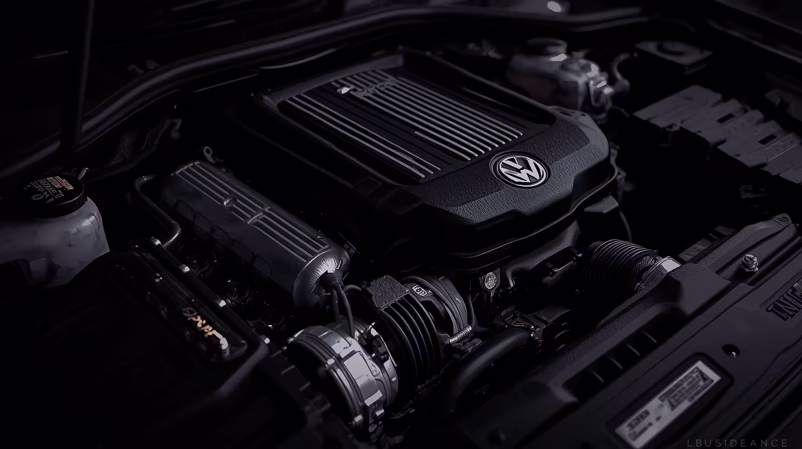 Close-up of Volkswagen EA888 engine bay showing intake piping, turbo components, and detail-rich engine cover