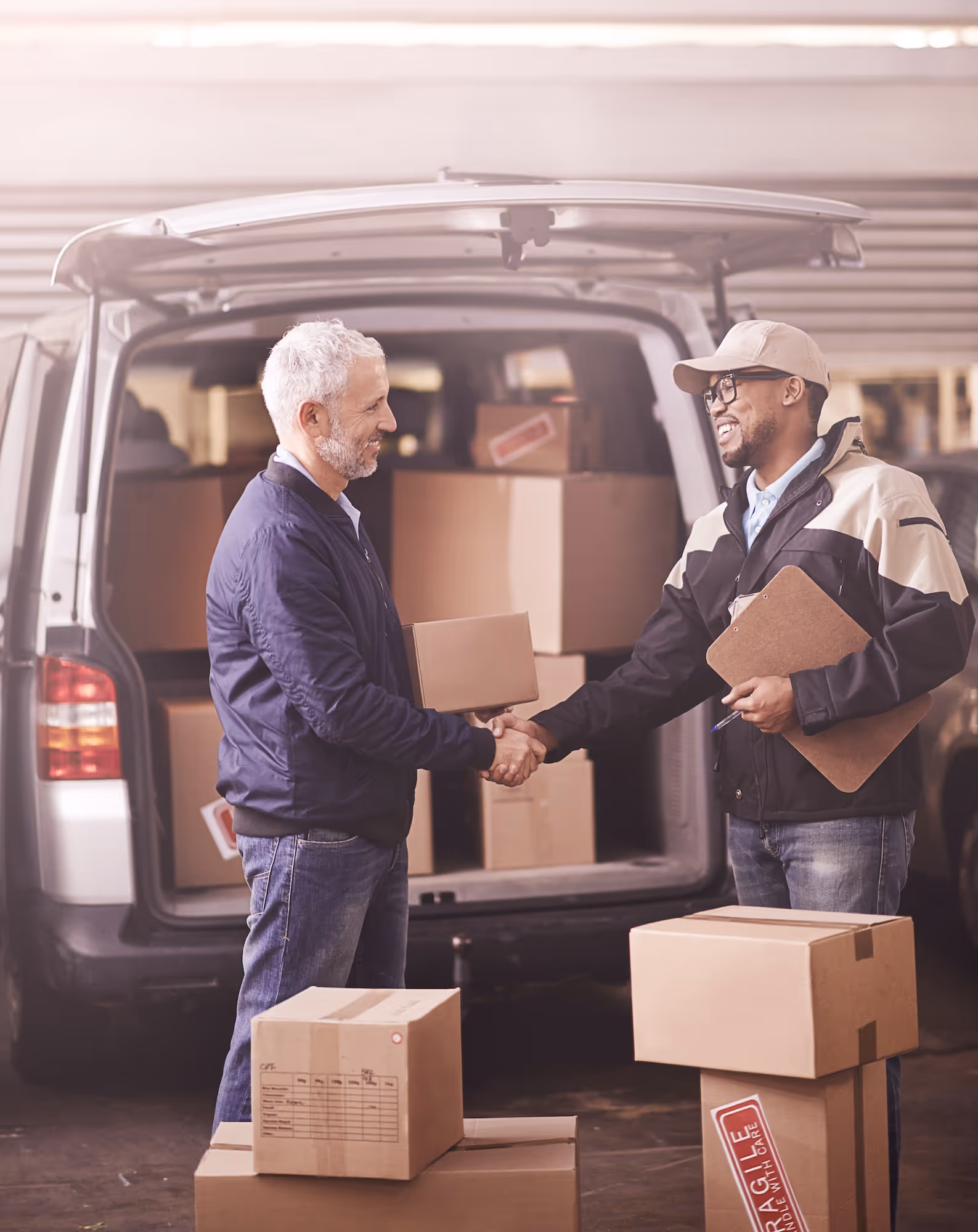 Two delivery workers shaking hands near van with cardboard boxes