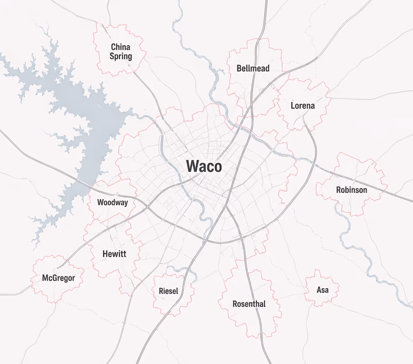 Map of Waco and surrounding areas including China Spring, Bellmead, Lorena, and others with roads and water features.