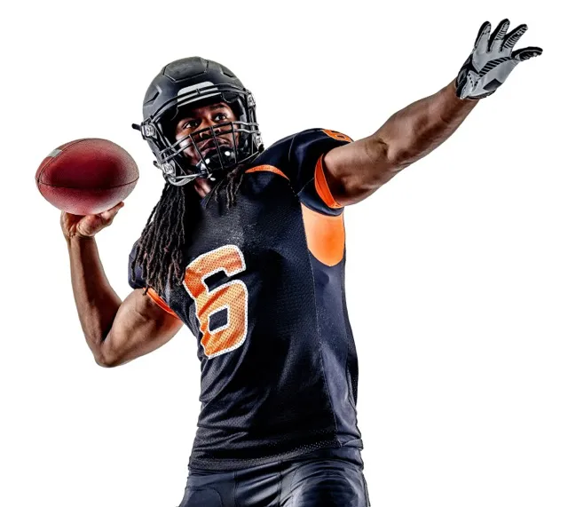 Football player in black and orange uniform holding a football, preparing to throw, with text promoting return to play after ankle injury treatment.
