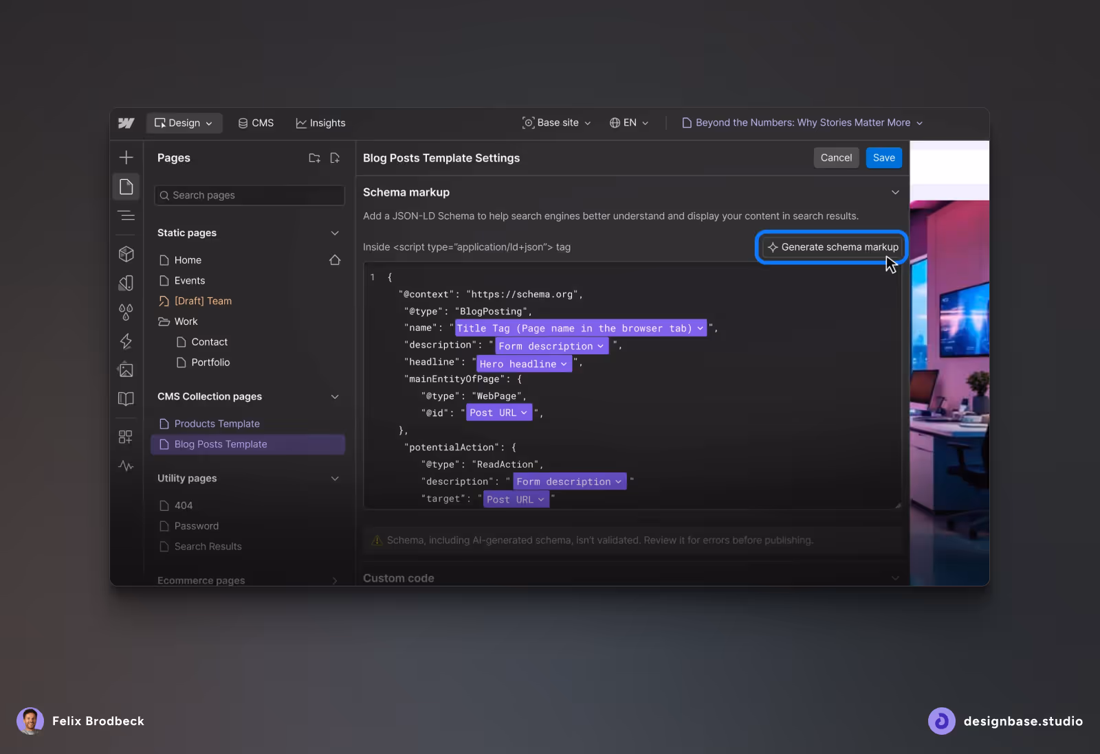 Screenshot eines Schema-Markups in Webflow