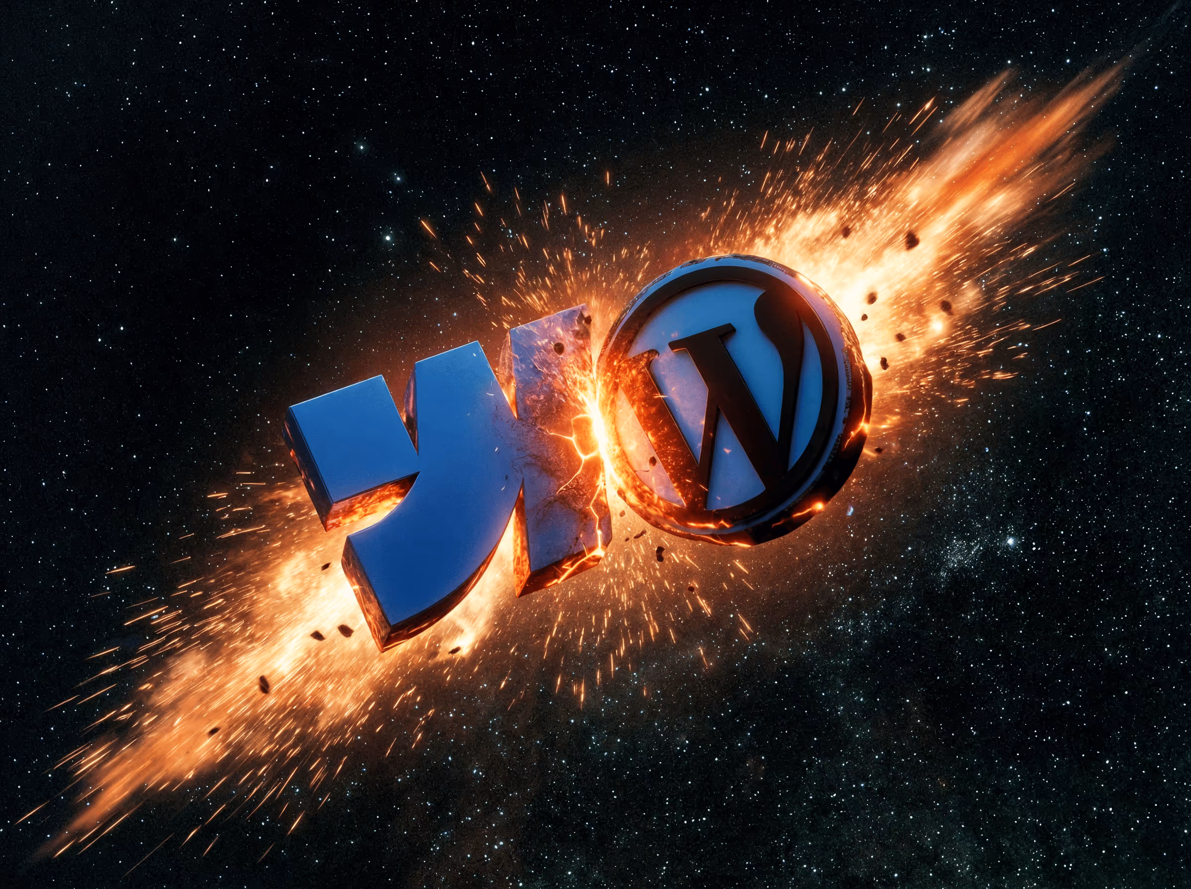 Webflow vs WordPress, die zwei Logos der CMS krachen wie Sterne ineinander