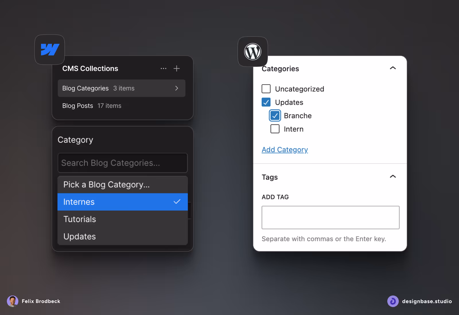 Screenshot of categories and tags in Webflow and WordPress