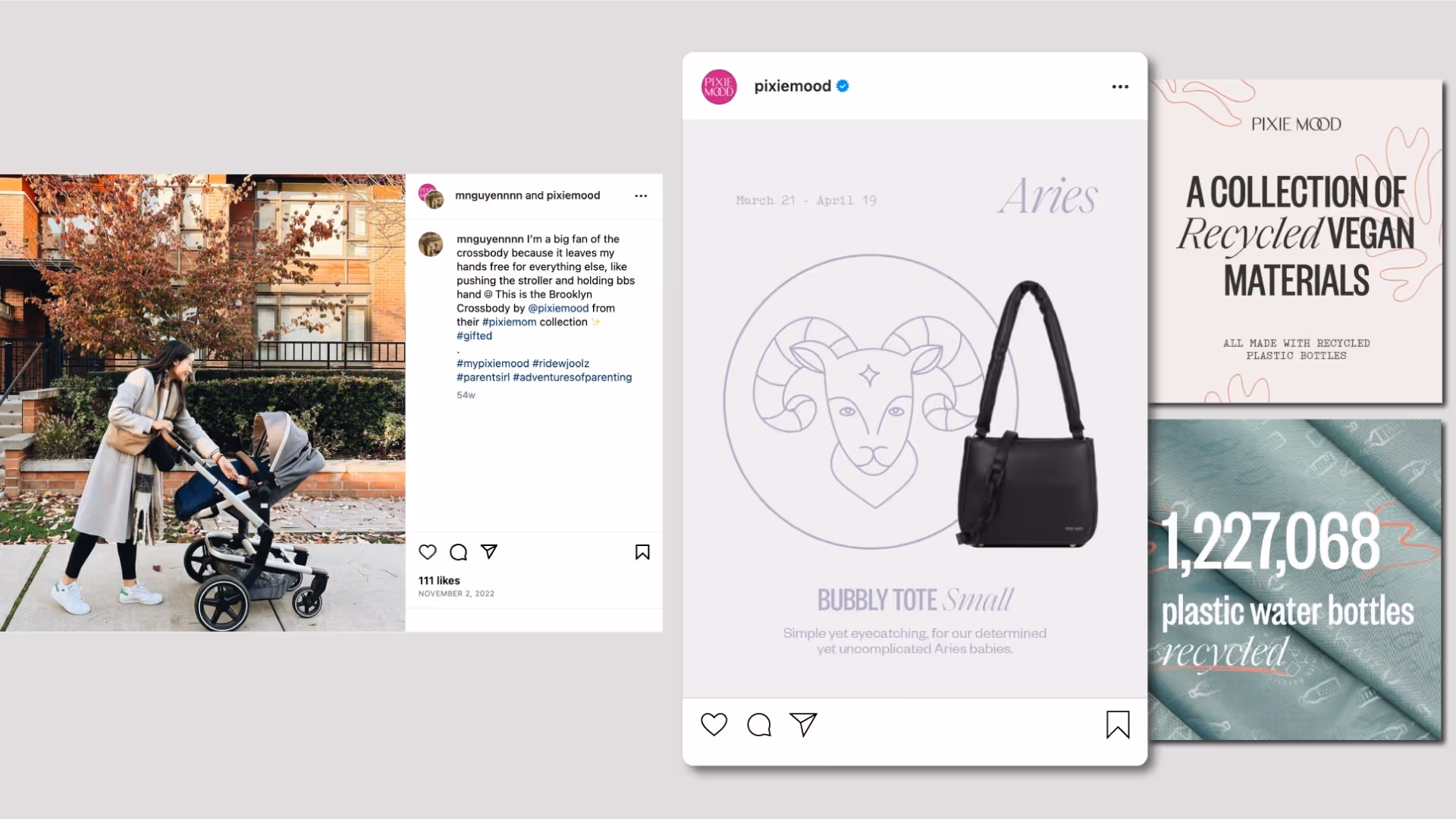Collage of Pixie Mood organic social posts featuring sustainable vegan handbags though both photography and designed images.