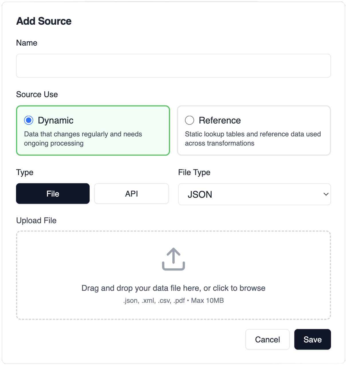 User interface for adding a data source with fields for name, source use selection between Dynamic and Reference, type selection between File and API, file type dropdown set to JSON, and a drag-and-drop area for uploading files.