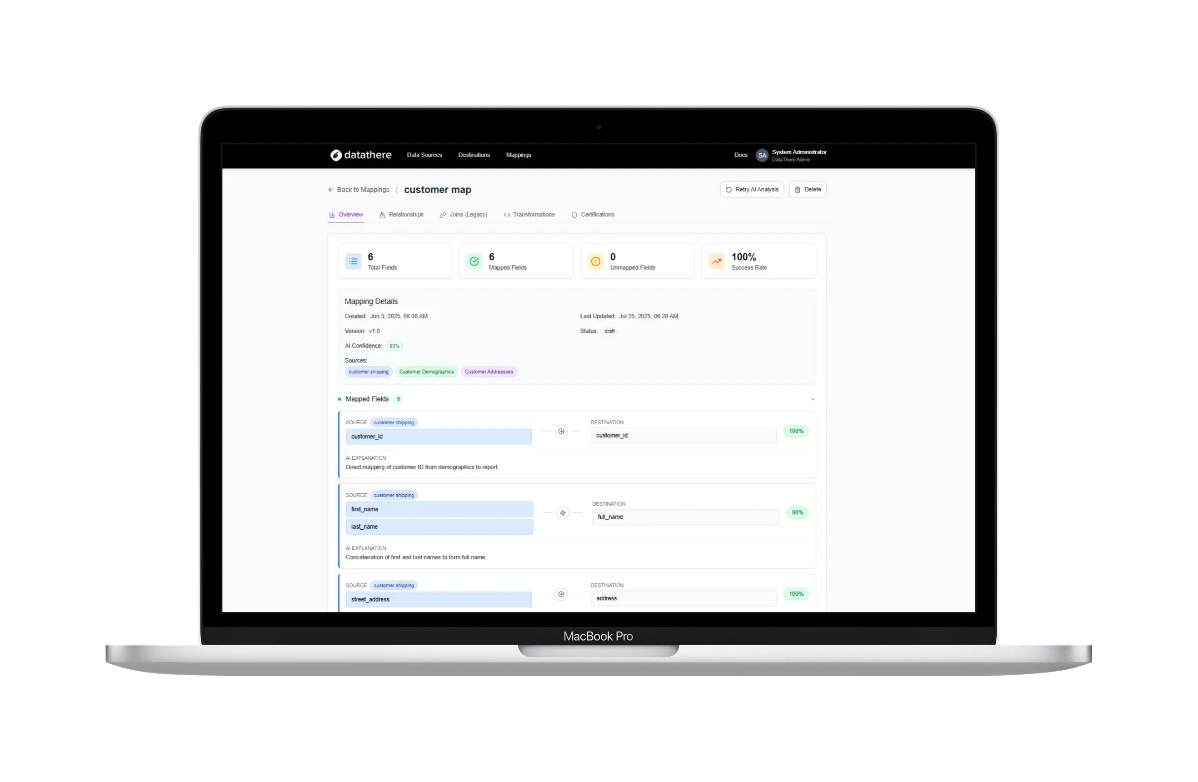 MacBook Pro displaying a data mapping application interface titled 'customer map' showing 6 total fields, 6 mapped fields with 100% success rate, and mapping details with source and destination fields.