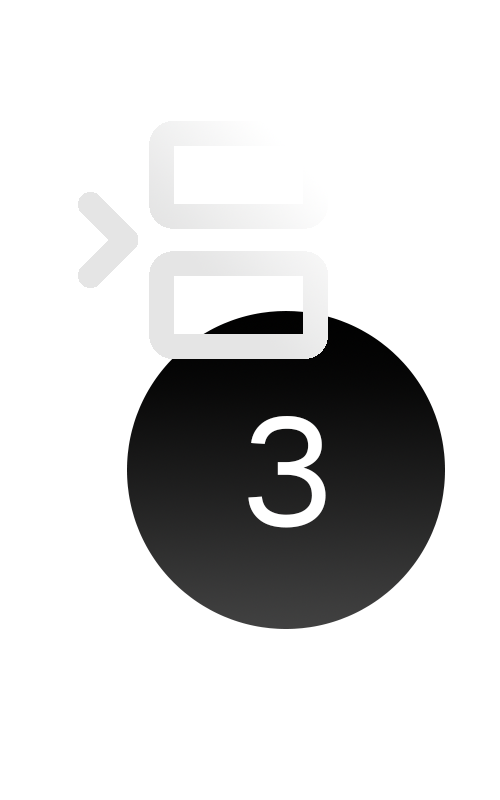 Icon depicting a black square with the number 3 in white, accompanied by a stylized arrow and rectangles above it.