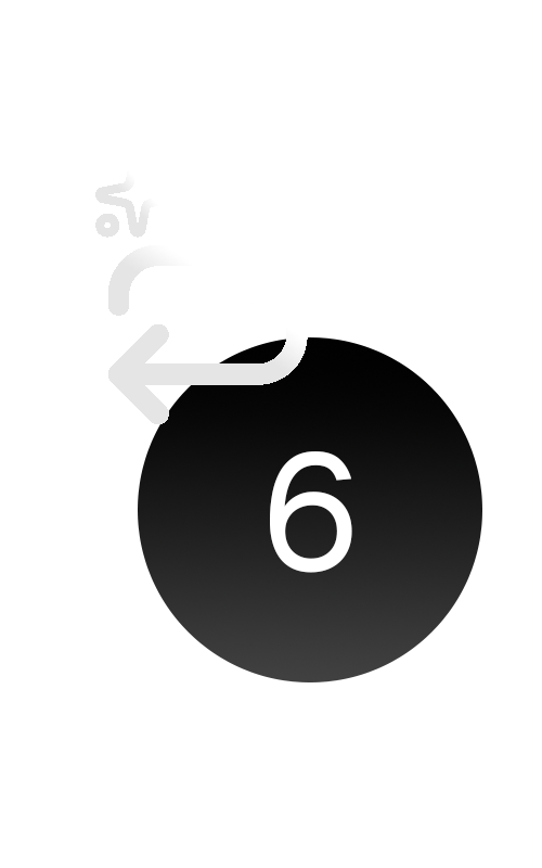 Black square with the number 6 in white and a curved left-pointing arrow above it.