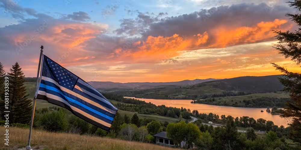 A blue line flag waves in a scenic landscape, with a vibrant sunset over rolling hills and a tranquil lake.
