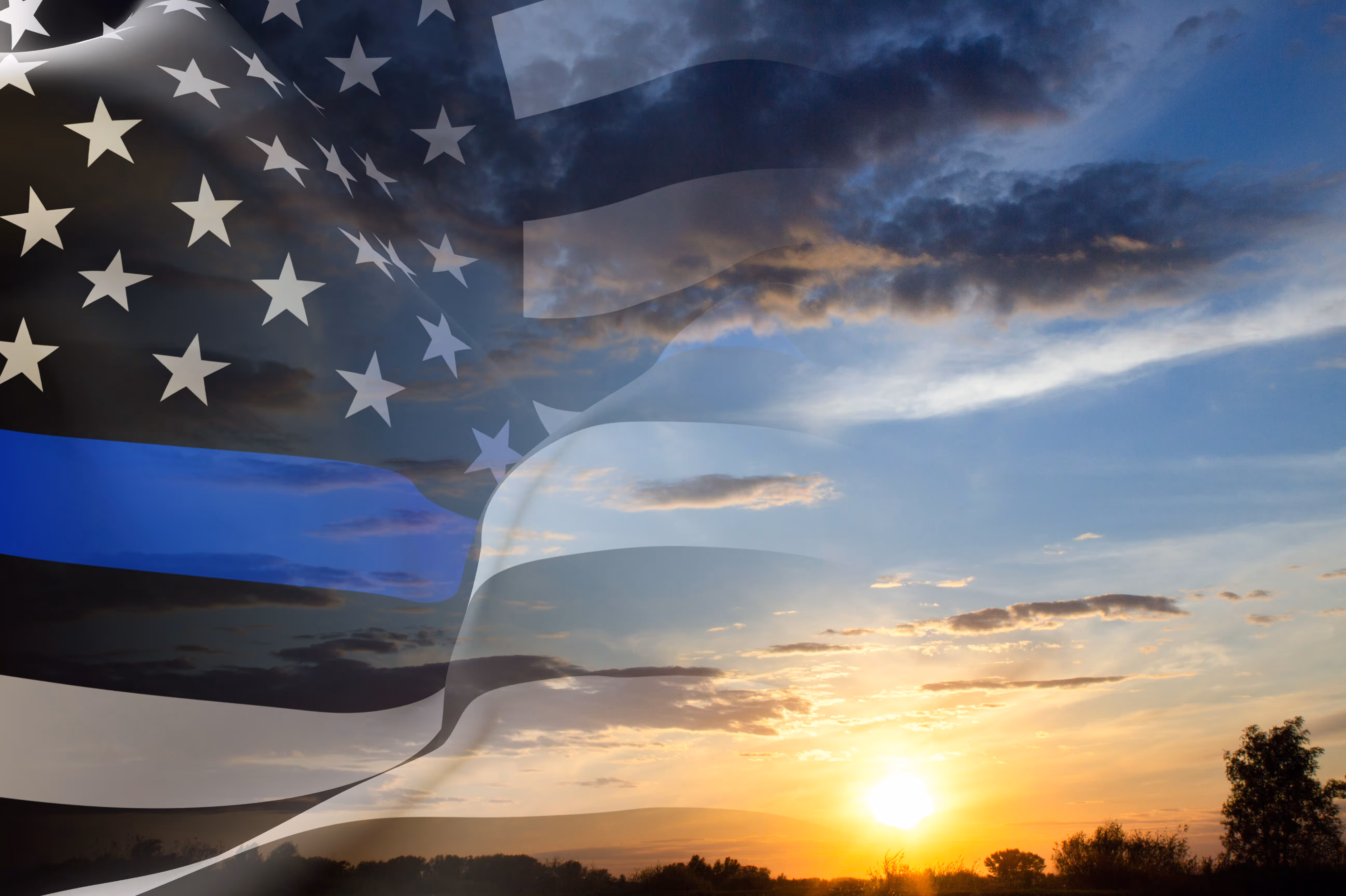 An artistic blend of the American flag with a sunset backdrop, symbolizing unity and hope in a serene landscape.