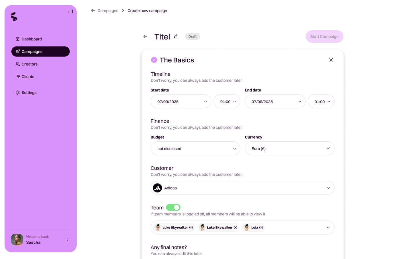 Create new campaign screen in Shikenso Campaign showing timeline, budget, customer, and team setup fields