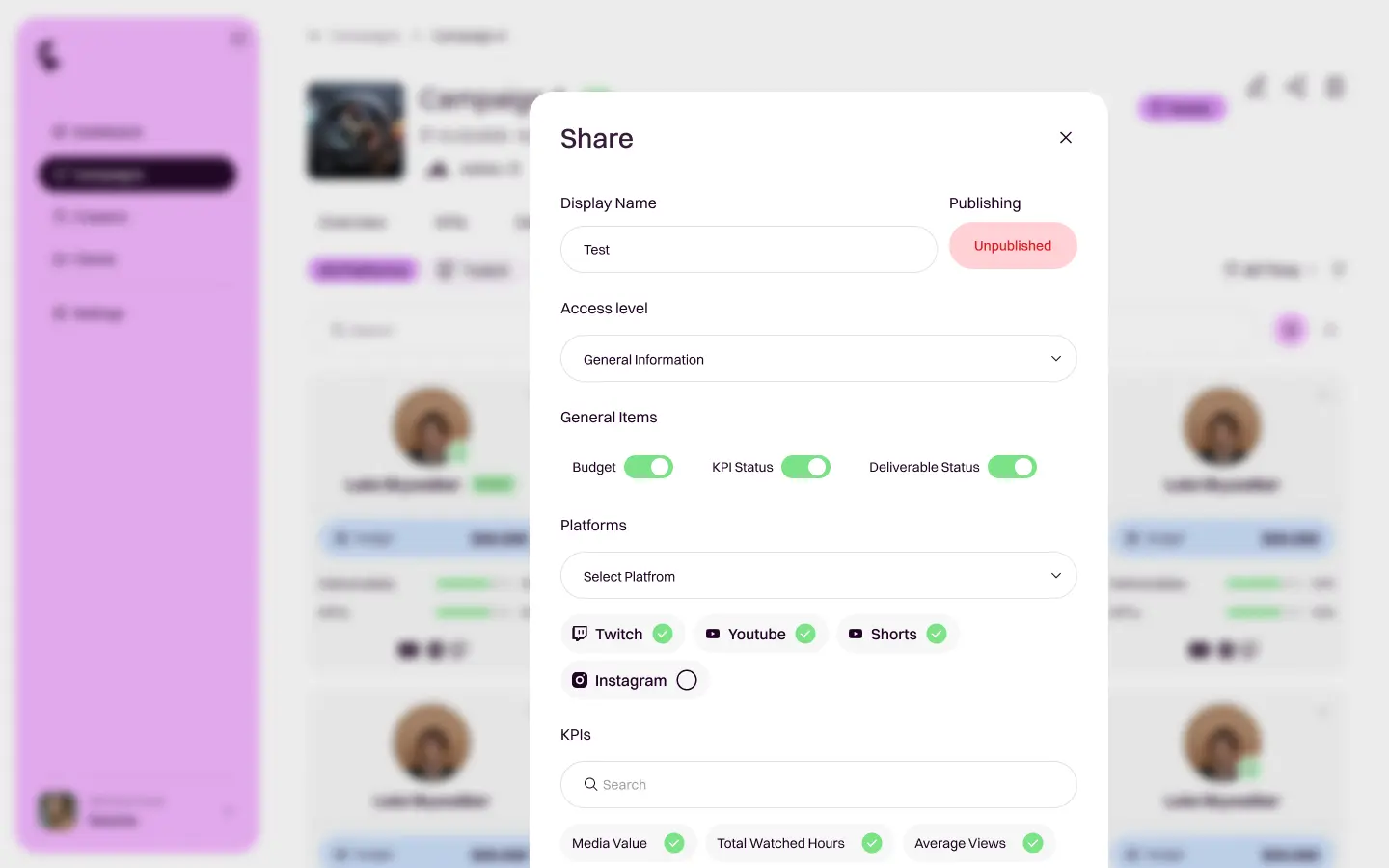 hare campaign report modal in Shikenso Campaign for configuring access, platforms, deliverable and KPI visibility