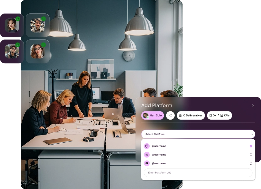 Add platform interface in Shikenso Campaign for connecting creator social accounts and tracking campaign deliverables