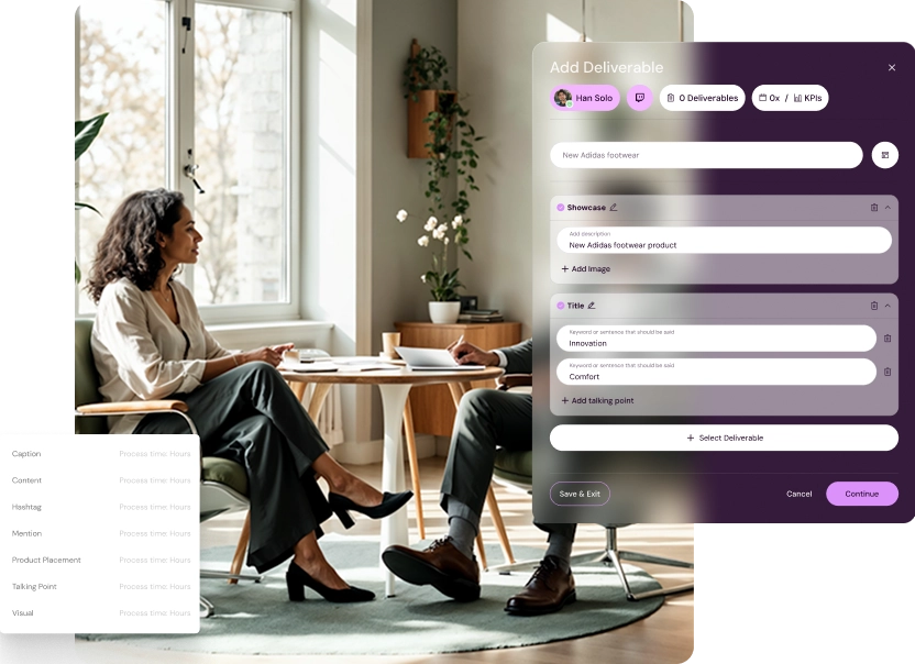 Add deliverable screen in Shikenso Campaign for defining creator deliverables, talking points, and content requirements