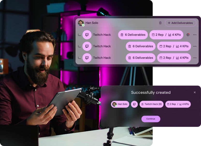 Managing creator deliverables in Shikenso Campaign showing assigned platforms, repetitions, and KPI requirements