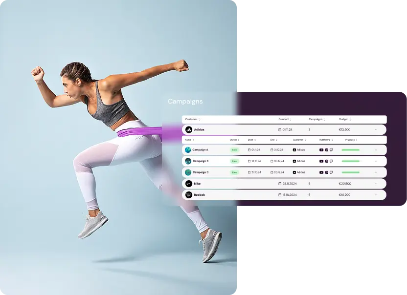 Campaign list view in Shikenso Campaign displaying brand campaigns, timelines, platforms, and progress indicators