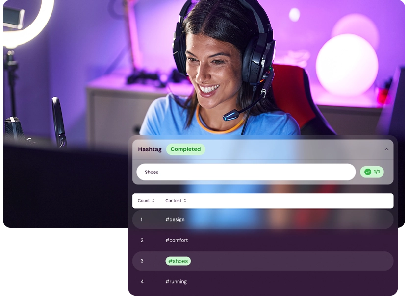 Hashtag and keyword verification screen in Shikenso Campaign confirming completed text-based campaign deliverables