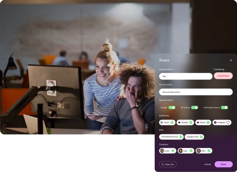 Sharing a creator campaign report in Shikenso Campaign with configurable access, platforms, and KPI visibility