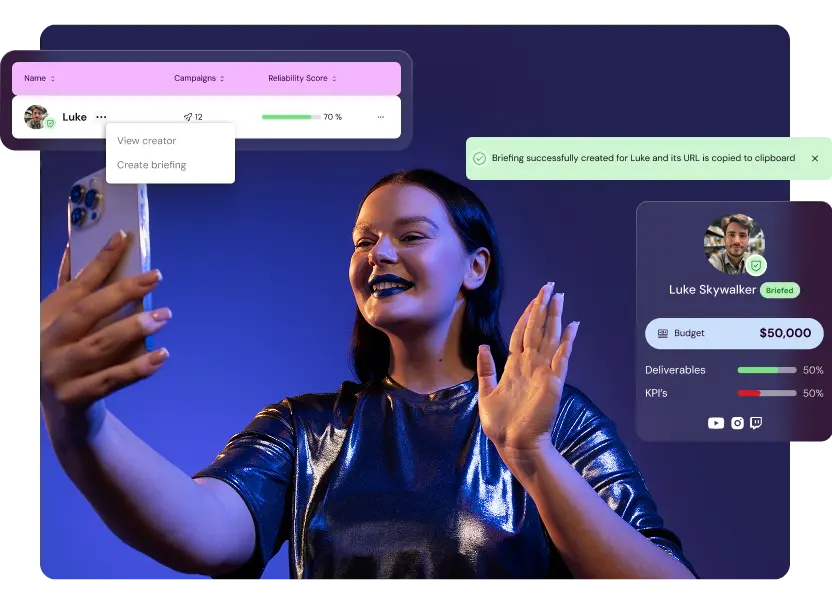 Creator briefing and verification view in Shikenso Campaign showing budget, deliverable completion, and KPI progress