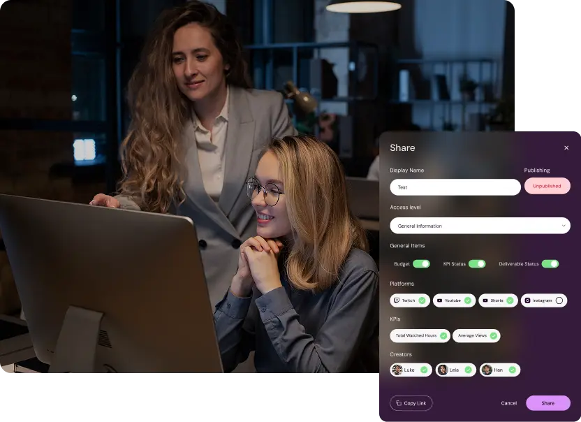 Agency team sharing a campaign report in Shikenso Campaign with configurable access, platforms, and KPI visibility