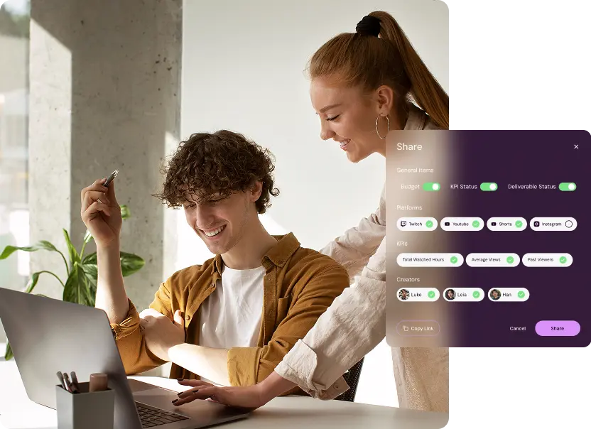 Sharing a campaign report in Shikenso Campaign with selectable platforms, KPIs, and creator access settings