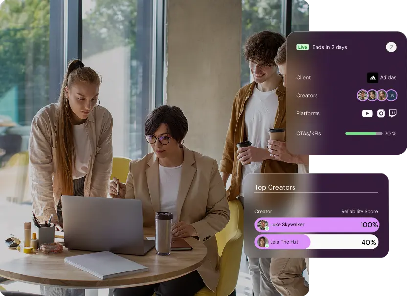 Brand team reviewing a live creator campaign in Shikenso Campaign with KPI progress, platforms, and top creators displayed