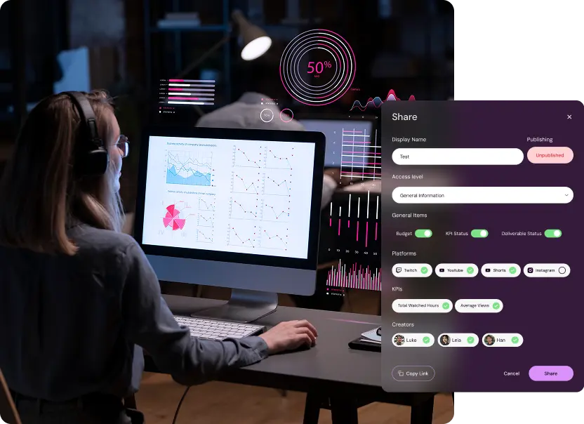 Reporting and sharing creator campaign results in Shikenso Campaign with configurable access, platforms, and KPI visibility