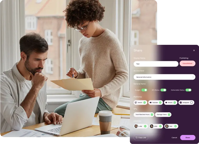 Sharing campaign data in Shikenso Campaign with configurable access, platforms, and deliverable visibility