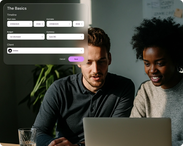 Campaign basics setup in Shikenso Campaign showing timeline, budget, and client details alongside a team reviewing the campaign on a laptop