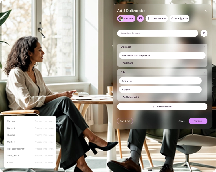 Add deliverable screen in Shikenso Campaign for defining creator deliverables, talking points, and content requirements