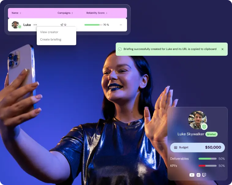 Creator briefing and verification view in Shikenso Campaign showing budget, deliverable completion, and KPI progress