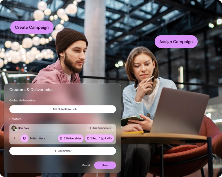 Creators and deliverables management screen in Shikenso Campaign for assigning creators and tracking campaign deliverables
