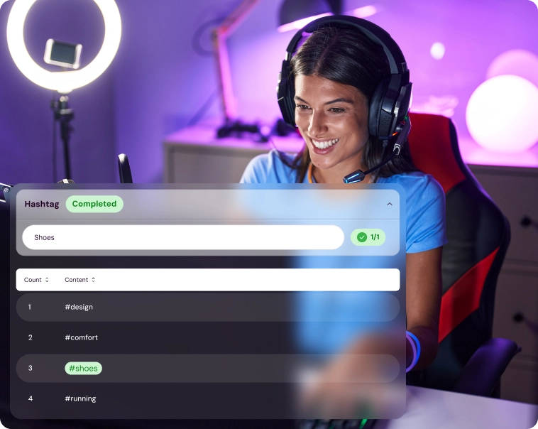Hashtag and keyword verification screen in Shikenso Campaign confirming completed text-based campaign deliverables