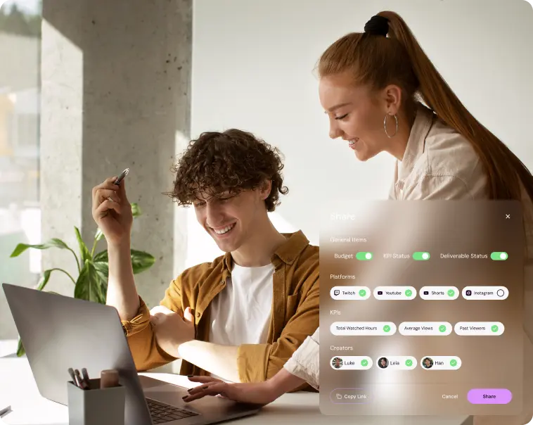 Sharing a campaign report in Shikenso Campaign with selectable platforms, KPIs, and creator access settings