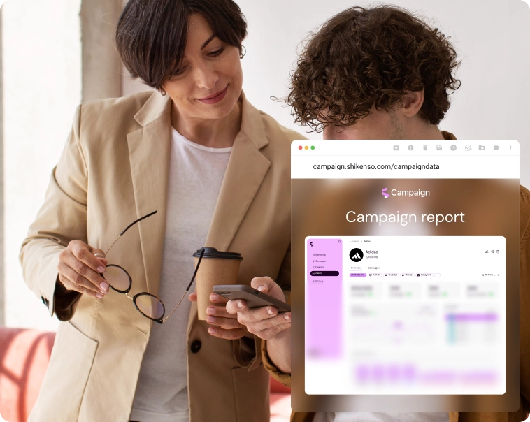 Viewing a Shikenso Campaign report on a mobile device with campaign performance data displayed