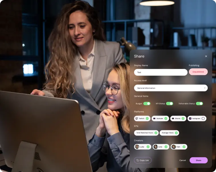 Agency team sharing a campaign report in Shikenso Campaign with configurable access, platforms, and KPI visibility