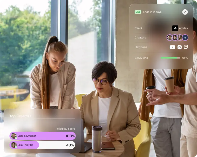 Brand team reviewing a live creator campaign in Shikenso Campaign with KPI progress, platforms, and top creators displayed