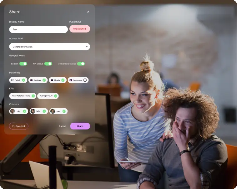 Sharing a creator campaign report in Shikenso Campaign with configurable access, platforms, and KPI visibility