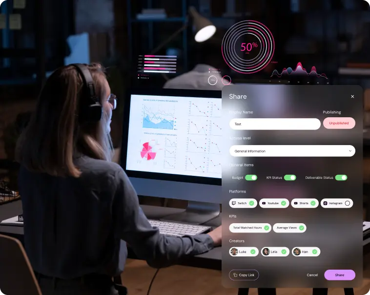Reporting and sharing creator campaign results in Shikenso Campaign with configurable access, platforms, and KPI visibility