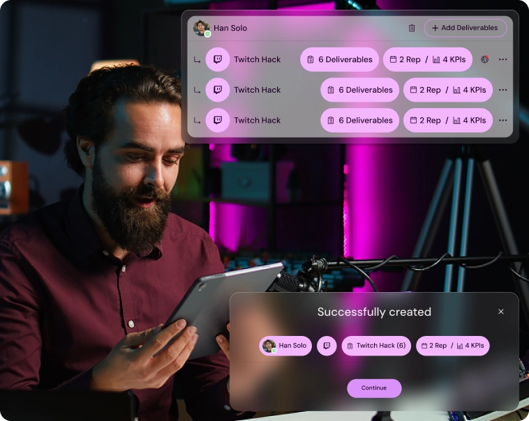 Managing creator deliverables in Shikenso Campaign showing assigned platforms, repetitions, and KPI requirements