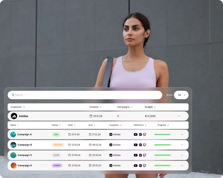 Campaign overview in Shikenso Campaign showing multiple campaigns, customers, platforms, budgets, and progress status