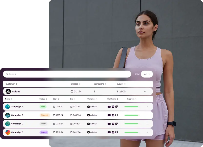Campaign overview in Shikenso Campaign showing multiple campaigns, customers, platforms, budgets, and progress status